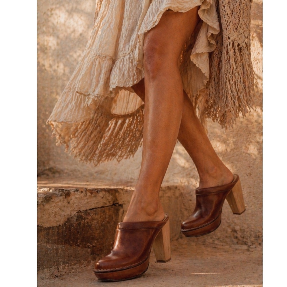 FRYE Natasha Platform Clog Leather Tan Mule Women 5.5 Cognac Boho Hippie Peasant